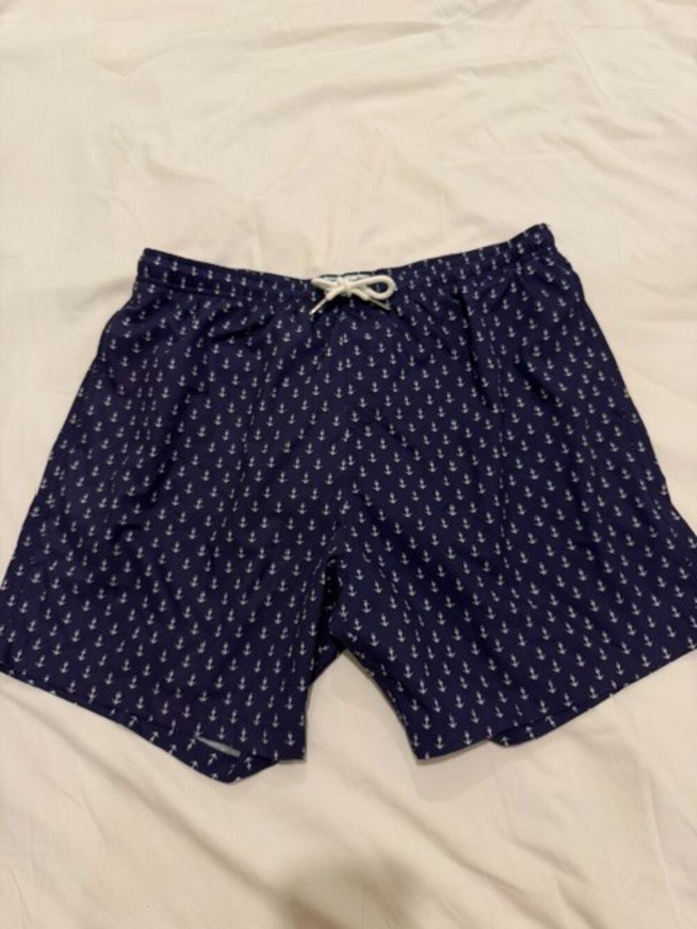 Bermies Swim Shorts Large Blue White Anchors Lined Trunks Classic Soft Summer